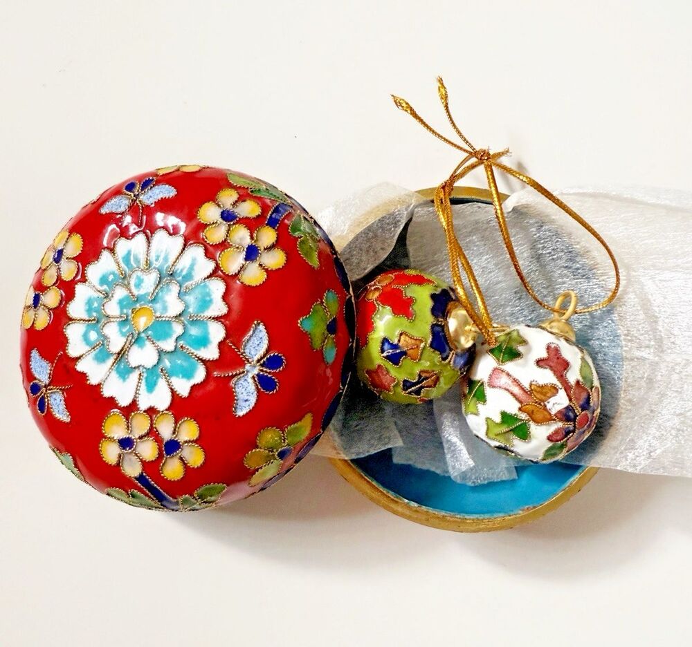 Vintage Cloisonne Small Round Christmas Ornaments w/ 3" Trinket Box